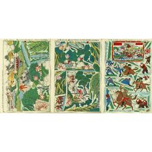 UNSIGNED: A miniature scenery model of a scene of Japan Russo War, three sheets, complete, 1904 - Hara Shobō