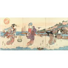 Utagawa Kunisada: Beauties digging clams, triptych, c.1830 - Hara Shobō