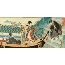 Japanese Print "Beauty boarding a boat, decorated with a cherry blossom brunch, titled" by Utagawa Toyokuni (TOYOKUNI III)