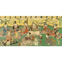 歌川国貞: Genji surrounded by beauties, triptych, 1858 - 原書房