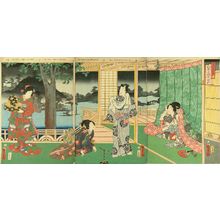 Utagawa Kunisada II: Genji and beauties in an interior overlooking a pond, triptych, 1861 - Hara Shobō