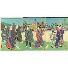 歌川国貞: Actors visiting Fukagawa Hachiman Shrine at the occasion of an exhibition of Narita Shrine, triptych, 1855 - 原書房