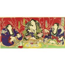 KUNITERU II: Sumo wrestlers' party, triptych, c.1875 - Hara Shobō