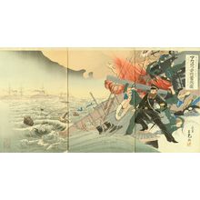 TOSHIMITSU: A scene of Japan-Russo war, details printed in lacquer, triptych, 1904 - Hara Shobō