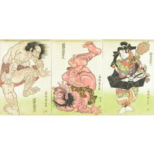 Utagawa Kunisada: A sumo match between Kawazu Saburo Sukeyasu and Matano Goro Kagehisa, triptych, c.1817 - Hara Shobō