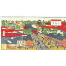 SHIGEKIYO: View of the ground of Asakusa Kannon Temple and its brick building along the approach, triptych, 1886 - 原書房