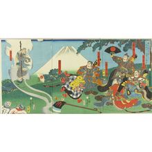 歌川芳艶: Minamoto no Yorimitsu meeting Sakata Kintoki, triptych, 1858 - 原書房