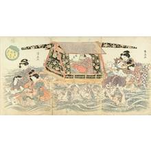 KUNINAO: Noble young woman and her servants crossing a river, titled - Hara Shobō