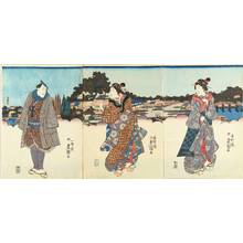 歌川国貞: Two beauties and a man before Matsuchiyama, triptych, c.1844 - 原書房