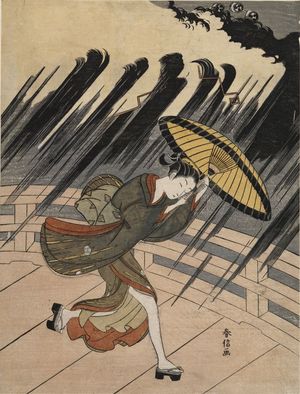 Suzuki Harunobu: Woman Running to Escape a Sudden Shower, Edo period, circa 1765-1770 - Harvard Art Museum