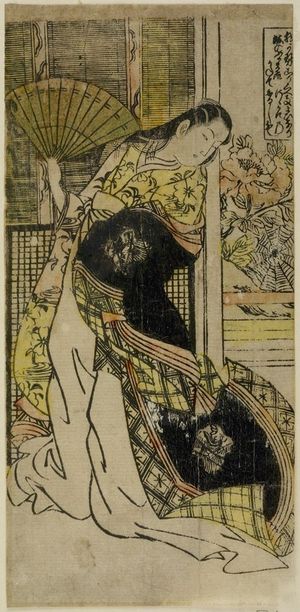 Okumura Toshinobu: Standing Woman (Soto-ori-hime) with Fan and Spider, Edo period, circa 1738 - Harvard Art Museum