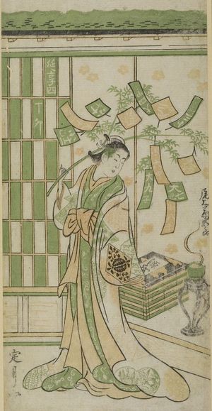 Unknown: Onoe Kikugoro as a Woman Standing Before a Tokonoma and Holding a Branch of Bamboo Decorated for the Tanabata Festival (Dai-sho Calendar for 1747), Edo period, dated 1747 - Harvard Art Museum