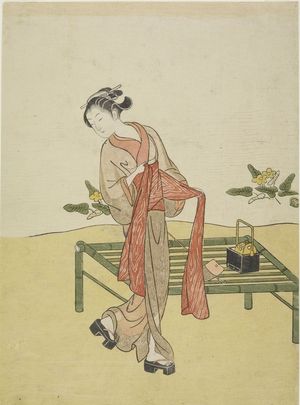 Suzuki Harunobu: Young Woman Tying Obi Beside Bamboo Bench (Reworked Calendar Print E-goyomi), Edo period, 1765 (Meiwa 2) - Harvard Art Museum