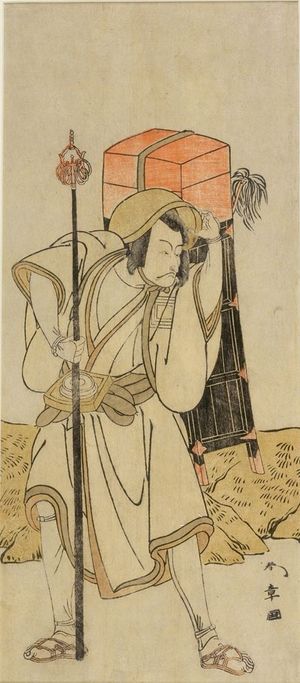 Katsukawa Shunsho: Actor Ichikawa Danjûrô 5th as Moriya no Daijin disguised as Rokujûrokubu in the play Miya-bashira Iwao no Butai, performed at the Morita Theater from the seventh month of 1773, Edo period, 1773 (7th month) - Harvard Art Museum