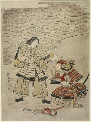 Suzuki Harunobu: Warriors Kumagai Naozane and Taira no Atsumori at Ichinotani, Edo period, circa 1767-1768 (Meiwa 4-5) - Harvard Art Museum