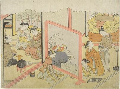 Suzuki Harunobu: The Bedtime Sake Cup (Toko sakazuki), Number 6 from the series Marriage in Brocade Prints, the Carriage of the Virtuous Woman (Konrei nishiki misao guruma), Edo period, circa 1769 (Meiwa 6) - Harvard Art Museum
