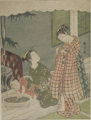 鈴木春信: Two Girls and Small Boy with Fishbowl, Edo period, circa 1765-1770 - ハーバード大学