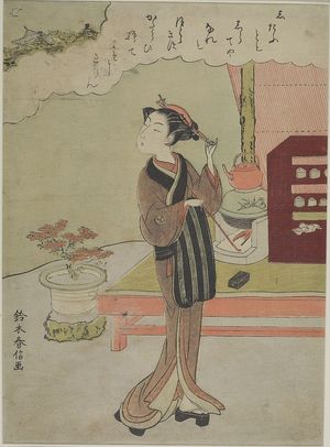 鈴木春信: WOMAN STANDING BY VERANDAH, SMOKING PIPE, Edo period, circa 1765-1770 - ハーバード大学