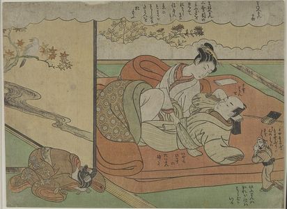 Japanese Print "Couple in Bed Watched by a Tiny Man (from 'Maneemon'), Edo period, circa 1765-1770" by Isoda Koryusai, 磯田湖龍齋 (Isoda Koryûsai)