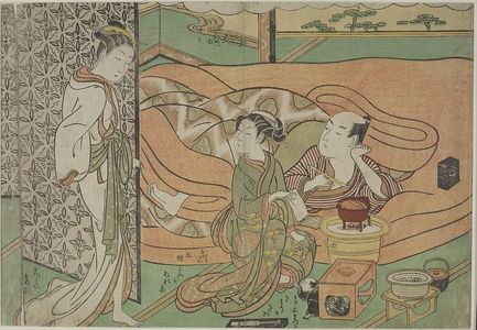 磯田湖龍齋: Man Smoking in Bed with Woman and Attendant, Watched by a Tiny Man (First Maneemon Series?), Edo period, circa 1765-1770 - ハーバード大学