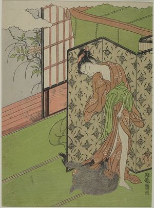 Isoda Koryusai: Girl and Monkey Behind a Folding Screen, Edo period, circa 1765-1770 - Harvard Art Museum