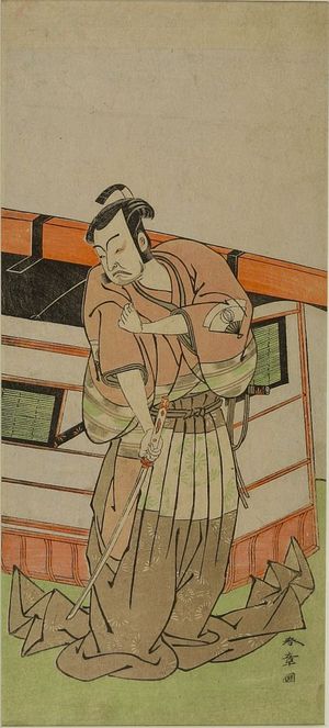 Katsukawa Shunsho: Actor Onoe Kikugorô AS A DAIMYO WITH DRAWN SWORD BY A PALANQUIN - Harvard Art Museum