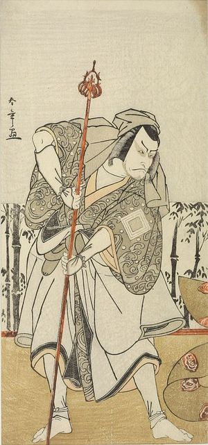 Katsukawa Shunsho: Actor Ichikawa Danjûrô 5th as Taira no Masakado disguised as the pilgrim Junjô in the play Masakado Kammuri no Hatsuyuki, performed at the Nakamura Theater from the eleventh month of 1777, Edo period, 1777 (11th month) - Harvard Art Museum