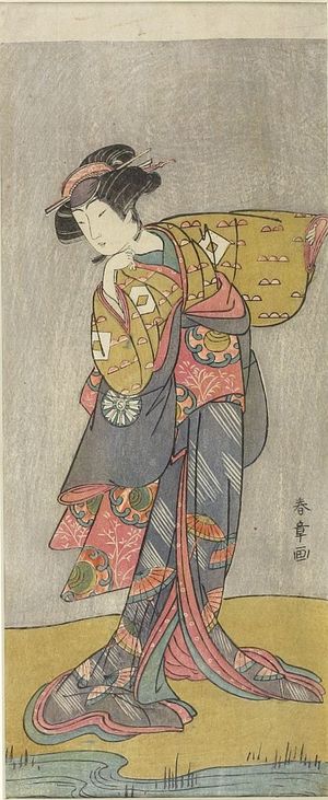 勝川春章: Actor Nakamura Tosshi as a Woman Standing by a Stream, Edo period, late 18th century - ハーバード大学