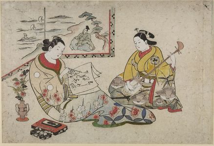 奥村利信: Woman Writing Letter with Woman Playing Shamisen by a Folding Screen - ハーバード大学