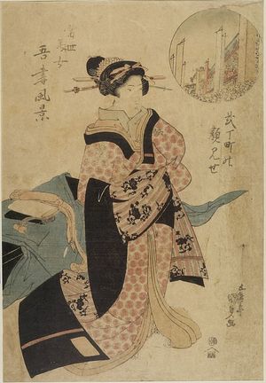 日本版画 "Woman with Partially Unwrapped Box" 由 Utagawa Kunisada, 歌川国貞 (Utagawa Kunisada) 创作