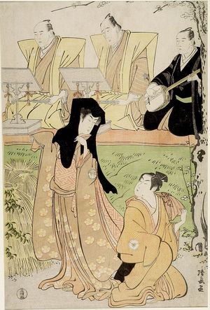 Torii Kiyonaga: Scene from the jôruri Ukina no Hatsugasumi (Kiriza, Spring 1788) showing Actors Iwai Hanshirô 4th as Hisamatsu and Segawa Kikunojô 3rd as Osome with Three Musicians (Takatsu edition), Mid Edo period, circa 1788 - Harvard Art Museum