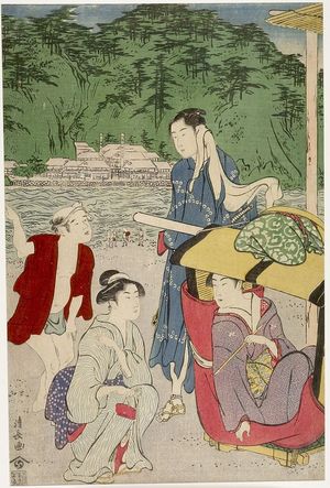 鳥居清長: Women and Male Attendant at the Shore (Enoshima?) - ハーバード大学