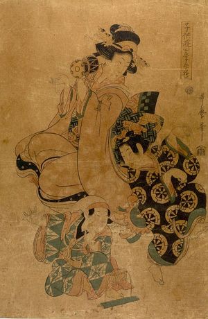 Kitagawa Utamaro, 喜多川歌麿 (Kitagawa Utamaro II)による浮世絵「Woman Playing Hand-Drum (Tsuzumi) for Two Dancing Children」