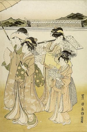 歌川豊国: FOUR WOMEN FROM A DAIMYO PROCESSION PENTAPTYCH - ハーバード大学