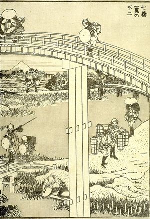 葛飾北斎: Fuji with Seven Bridges in One View (Shichikyô ichiran no Fuji): Half of detatched page from One Hundred Views of Mount Fuji (Fugaku hyakkei) Vol. 2, Edo period, 1835 (Tempô 6) - ハーバード大学