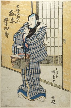 歌川国貞: Actor Matsumoto Kôshiro Wearing a Plaid Kimono and Standing before a Sliding Door, Edo period, - ハーバード大学