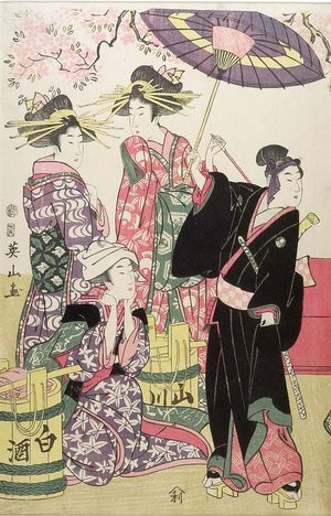 菊川英山: Sukeroku and Three Girls, Late Edo period, dated 1805 - ハーバード大学