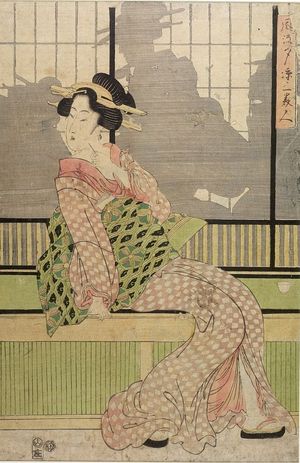 菊川英山: Woman Seated in Front of a Sliding Door, Late Edo period, circa early to mid 19th century - ハーバード大学