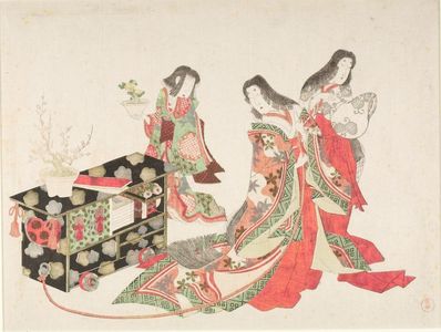 窪俊満: Court Ladies and Child Holding Pheasant's Eye Plant (Fukujusô) by Wheeled Writing Table (Fuguruma) at New Year's, Edo period, circa early 19th century - ハーバード大学