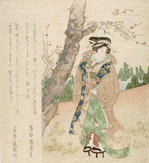 窪俊満: Young Woman Beneath Plum Tree, with poems by Shokutoen Jobun and an associate, Edo period, circa early 19th century - ハーバード大学