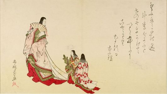 窪俊満: Court Lady and Two Child Attendants, from the illustrated book Momo saezuri, Edo period, circa 1796 - ハーバード大学