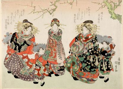 Utagawa Kunisada: Procession of Courtesans and Attendants in New Year's Attire, with poems by Yûzantei Kinuginu no Asabune and Setsugetsuen Shiki no Hanamori, Edo period, circa 1925 (Bunsei 8) - Harvard Art Museum
