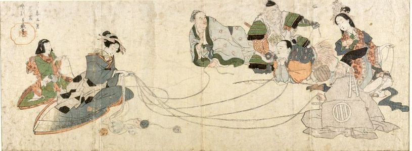 Shisenteiによる浮世絵「Woman Holding Cords Fastened to Hands of Five Men」