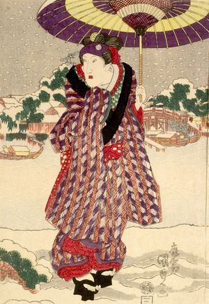 日本版画 "Actor Iwai Kumesaburô 2nd on the Bank of the Sumida River, from an untitled series of actors on the theme of Snow, Moon and Flowers, Edo period, circa 1825" 由 Utagawa Kunisada, 歌川国貞 (Utagawa Kunisada) 创作