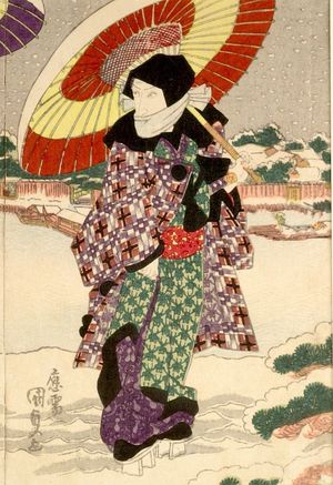 Japanese Print "Actor Ichikawa Danjûrô 7th on the Bank of the Sumida River, from an untitled series of actors on the theme of Snow, Moon and Flowers, Edo period, circa 1825" by Utagawa Kunisada, 歌川国貞 (Utagawa Kunisada)