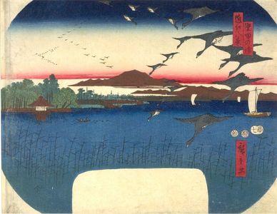 歌川広重: Katada no Ura, from the series Eight Views of Lake Biwa (ômi hakkei) in fan (uchiwa) shape, Edo period, dated 1852 - ハーバード大学