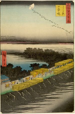 歌川広重: Nihon Embankment, Yoshiwara (Yoshiwara Nihonzutsumi), Number 100 from the series One Hundred Famous Views of Edo (Meisho Edo hyakkei), Edo period, dated 1857 (4th month) - ハーバード大学