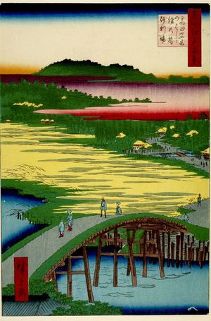 Japanese Print "Sugatami Bridge, Omokage Bridge and Gravel Pit at Takata (Takata Sugataminohashi Omokagenohashi jariba), Number 116 from the series One Hundred Famous Views of Edo (Meisho Edo hyakkei), Edo period, dated 1857 (1st month)" by Ando Hiroshige, 歌川広重 (Andô Hiroshige)