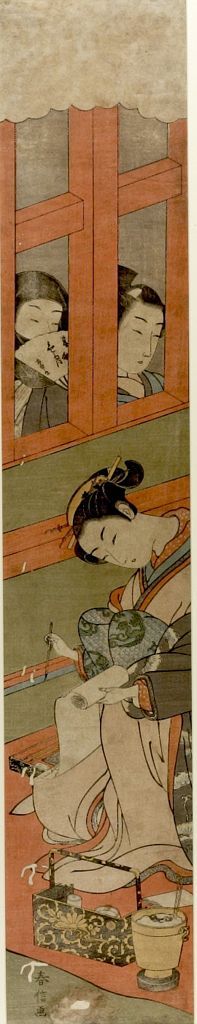 Suzuki Harunobu: Two Men Looking through Window Lattice at Courtesan Writing a Letter, Edo period, circa 1769-1770 (Meiwa 6-7) - Harvard Art Museum