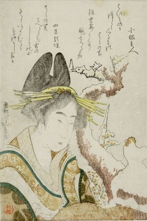 葛飾北斎: Woman and Snow Cock, with poems by Yomo no Utagaki (Magao) and an associate, Edo period, 1801 - ハーバード大学